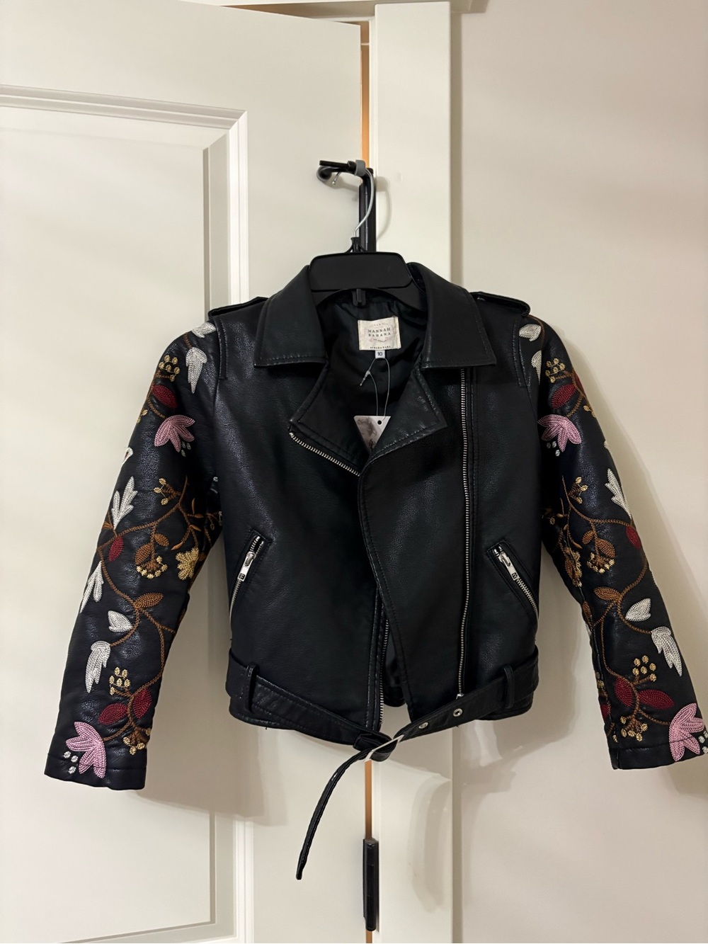 Hannah Banana Embroidered Floral Faux Leather Moto Jacket Girls Size 10 NWT